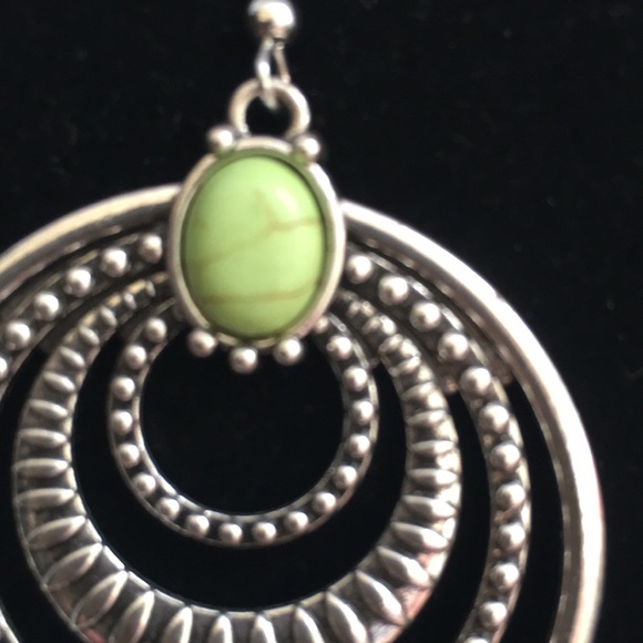 Silver Tone Boho Trendy Loop Dangle Earrings with Green Accent 1 1/2” Across - Picture 5 of 10